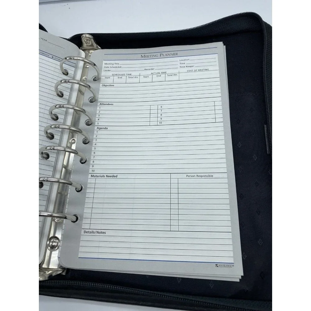 At A Glance Planner Organizer Black Faux Leather 7 Rings 8.5x10.25x2, 008725